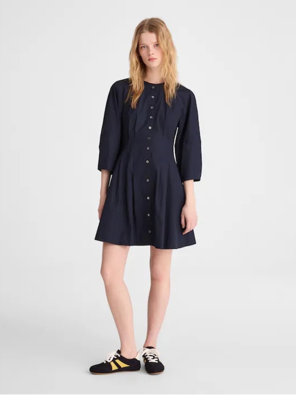 Madewell Sculptural-Sleeve Pleated Mini Shirt Dress Navy Blue fit n flare cotton